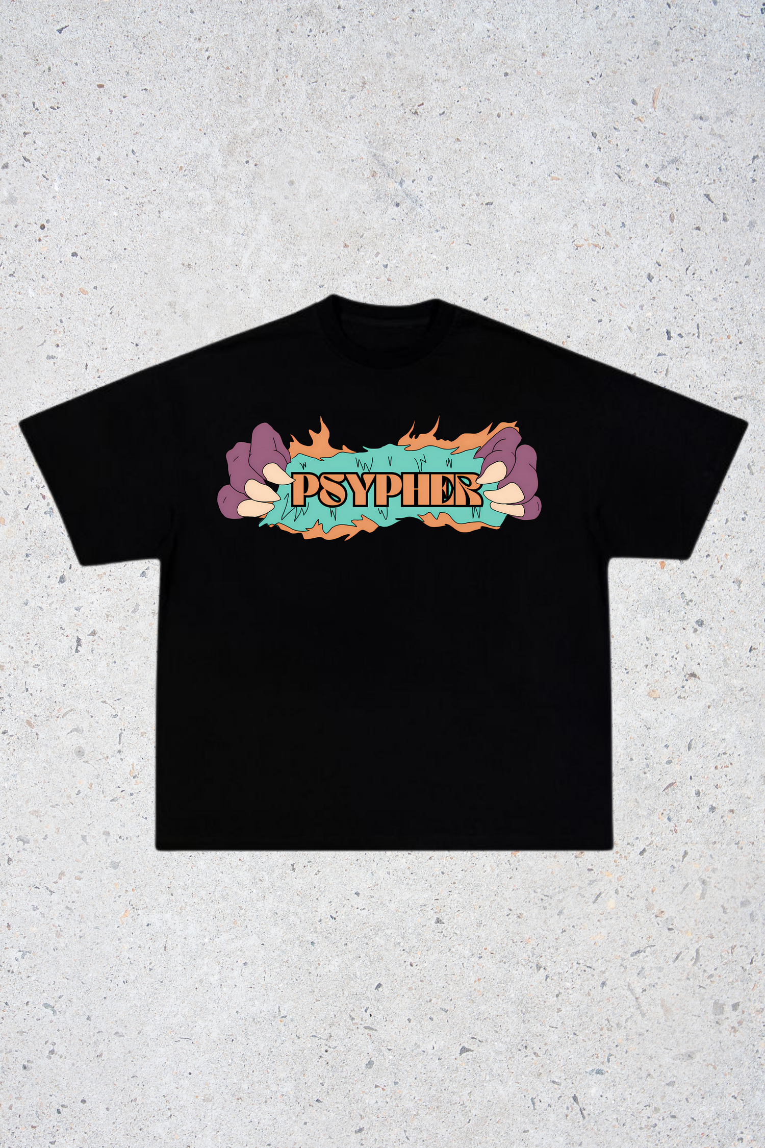 Front view of Psypher oversized streetwear t-shirt with bold monster design