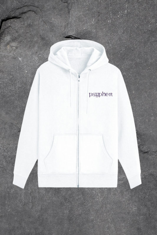 White hoodie with 'psypher' logo on a gray background