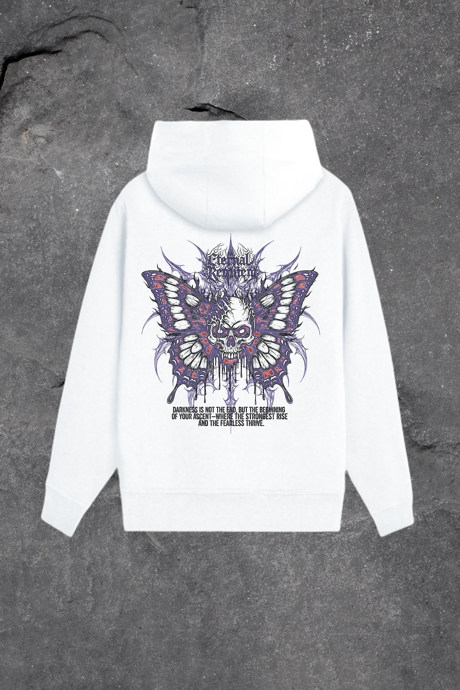 White hoodie with a butterfly graphic on the back against a gray background