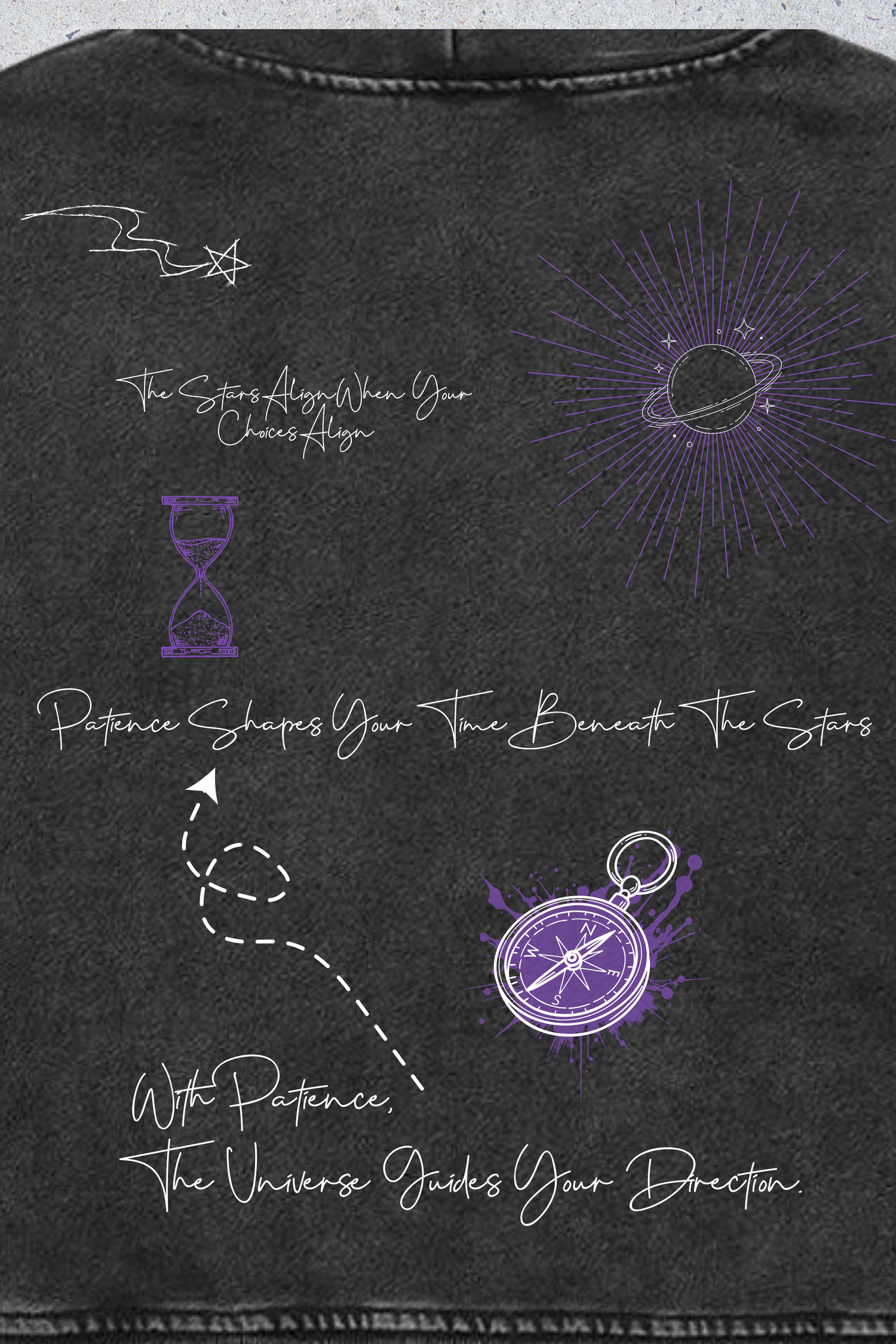 Close up of hoodie with white and purple designs