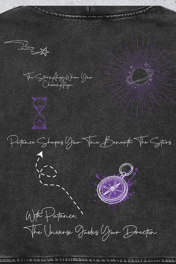 Close up of hoodie with white and purple designs