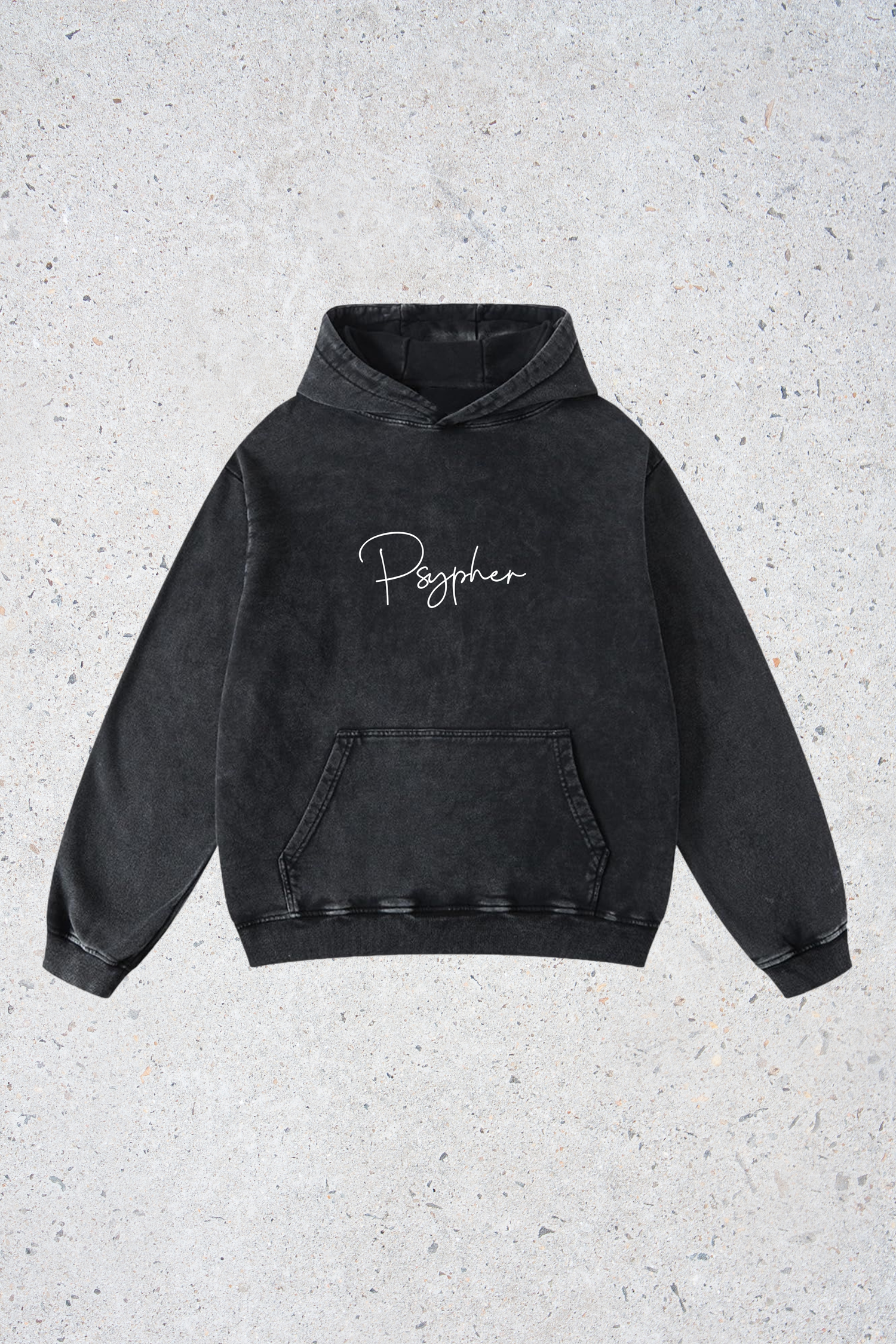 Black hoodie with 'Psypher' text on a textured gray background