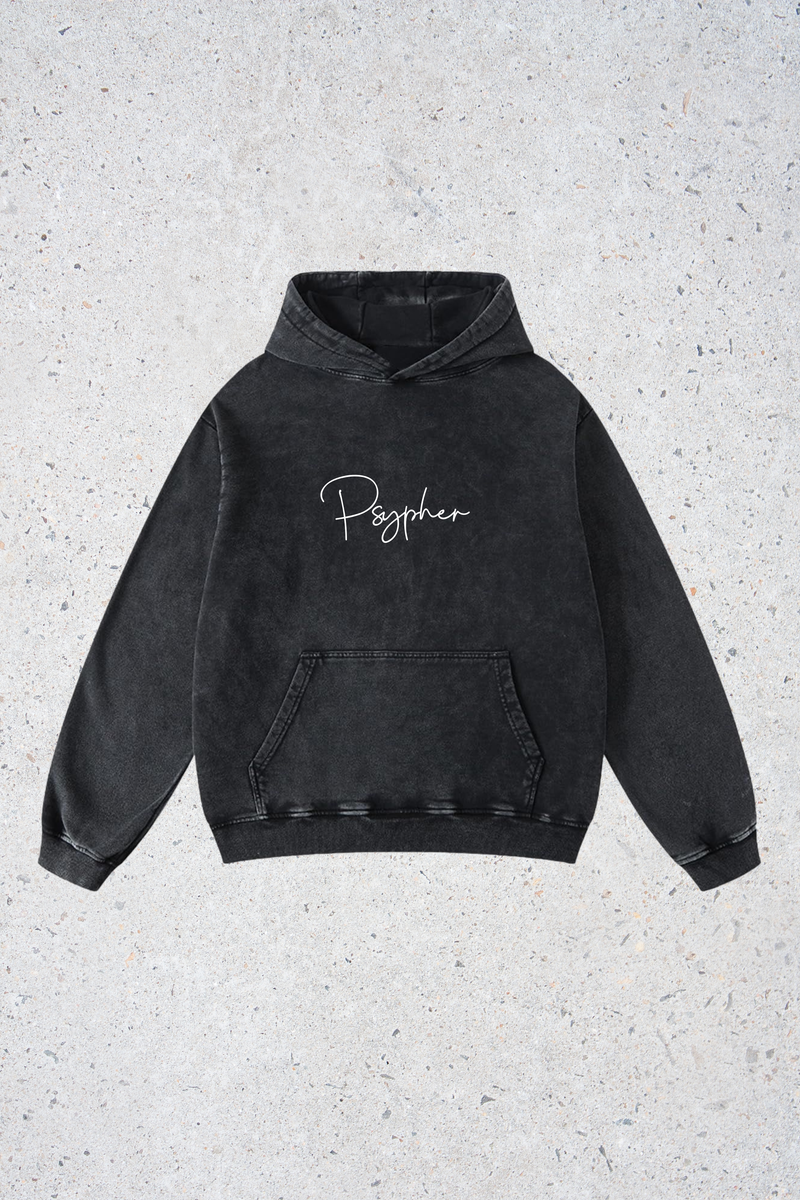 Black hoodie with 'Psypher' text on a textured gray background