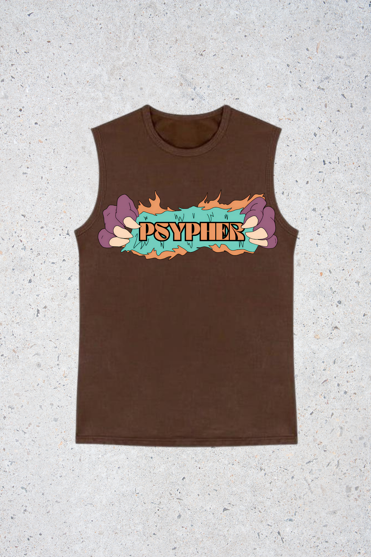 Brown sleeveless shirt with colorful 'PSYPHER' logo on a textured gray background