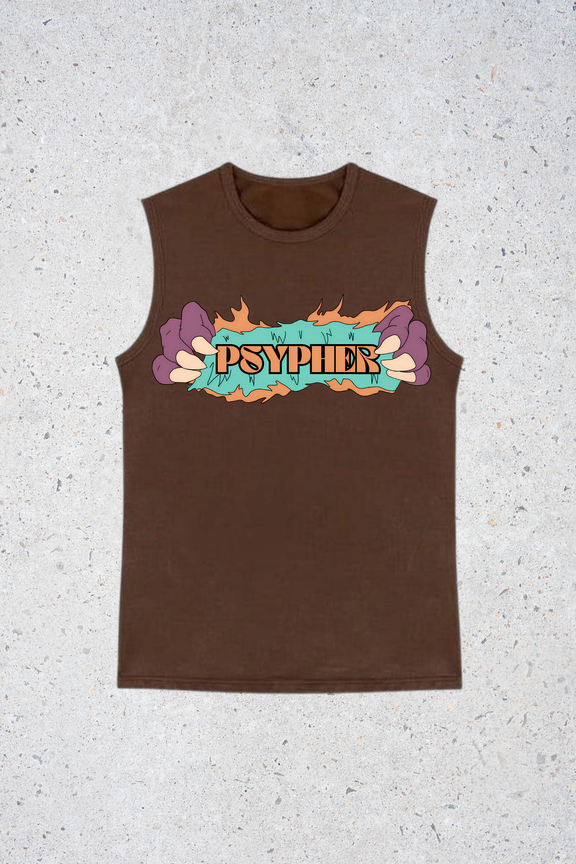 Brown sleeveless shirt with colorful 'PSYPHER' logo on a textured gray background