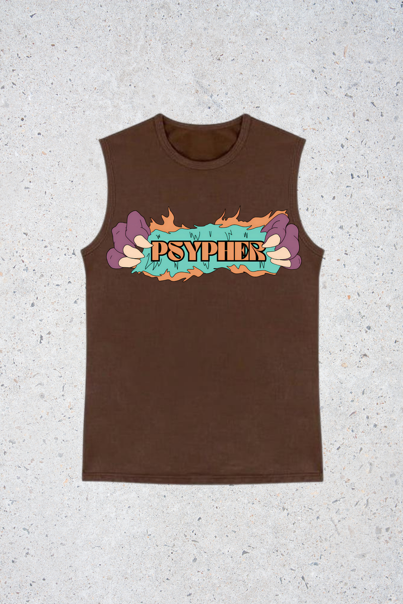 Brown sleeveless shirt with colorful 'PSYPHER' logo on a textured gray background