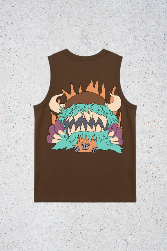 Brown tank top with a colorful graphic design on a textured gray background