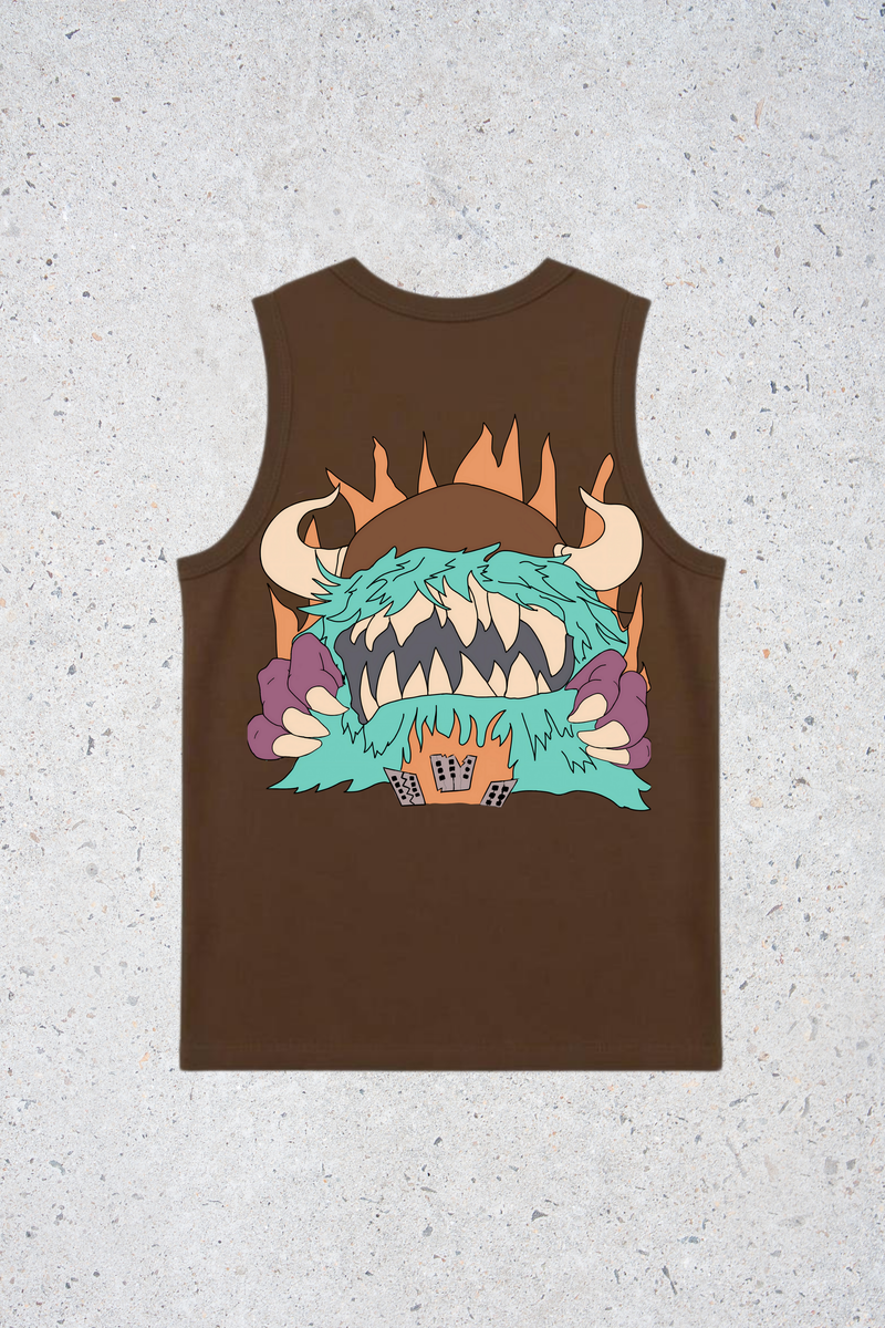 Brown tank top with a colorful graphic design on a textured gray background