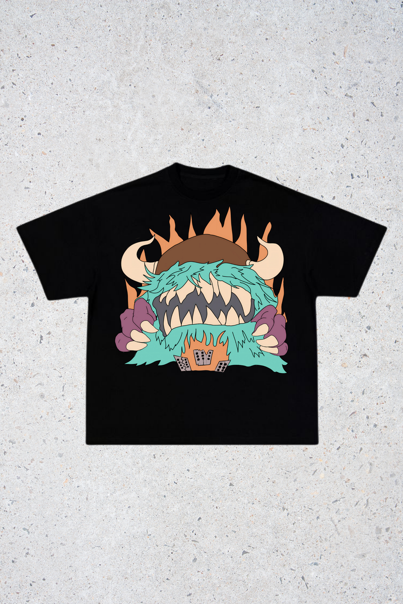Psypher Monster Graphic Oversized T-Shirt mockup featuring comic-style monster print
