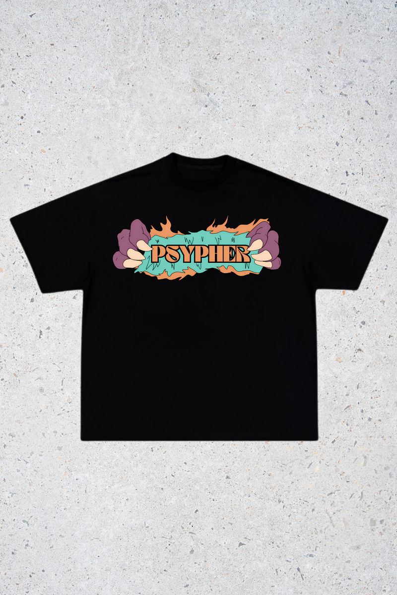 Front view of Psypher oversized streetwear t-shirt with bold monster design
