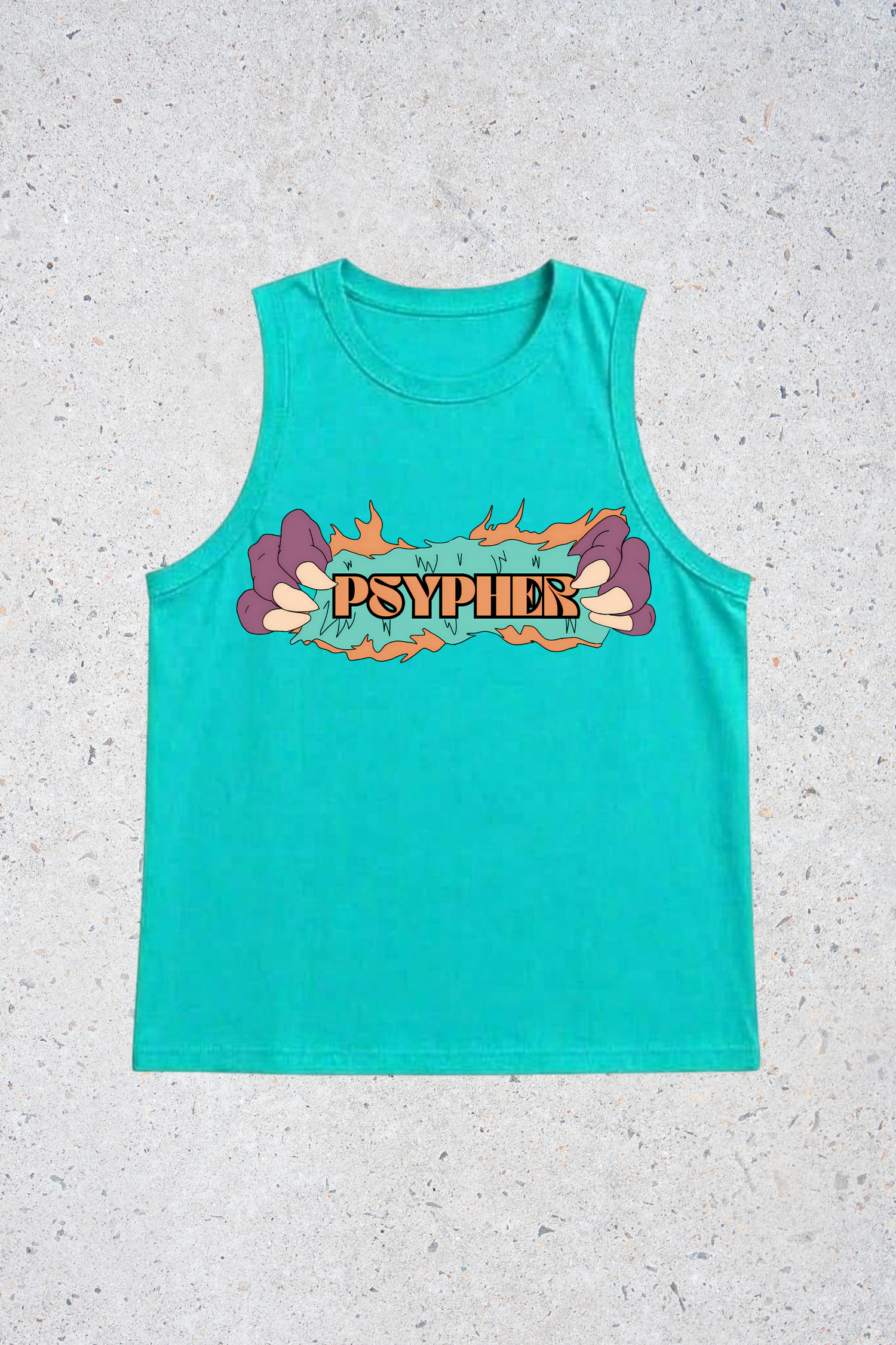 Turquoise tank top with colorful graphic design on a textured gray background