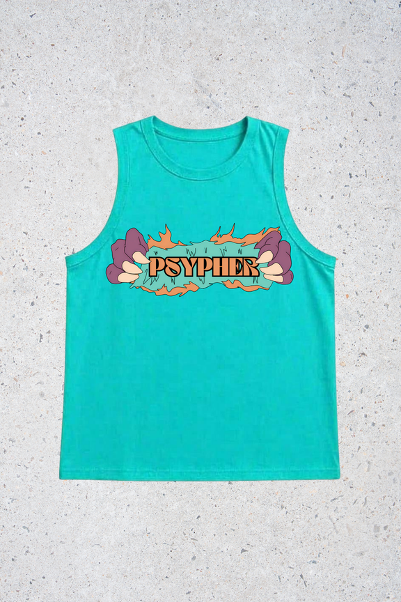 Turquoise tank top with colorful graphic design on a textured gray background