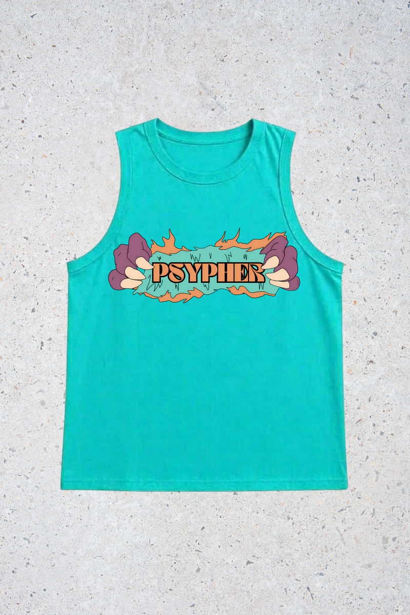 Turquoise tank top with colorful graphic design on a textured gray background
