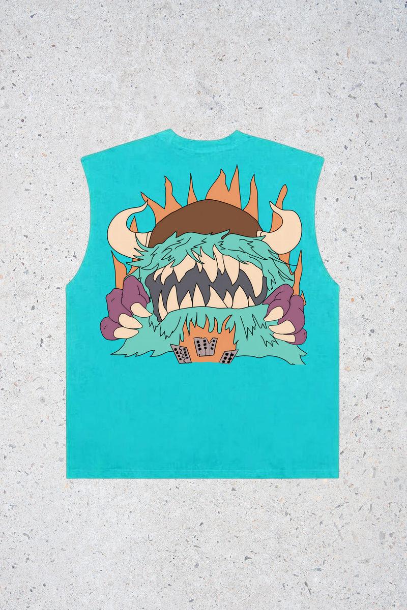 Turquoise sleeveless shirt with a colorful graphic design on a textured gray background