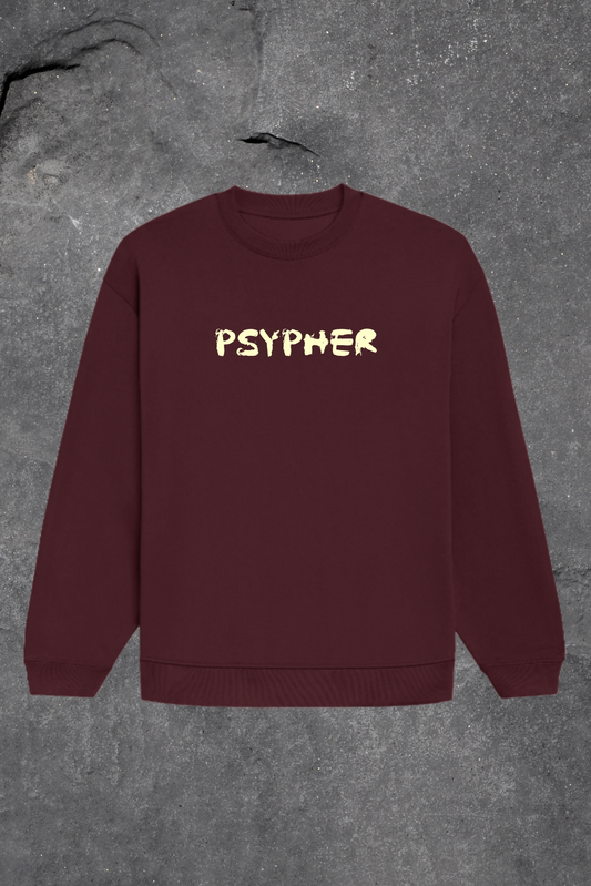 Maroon sweatshirt with 'PSYPHER' text on a gray textured background