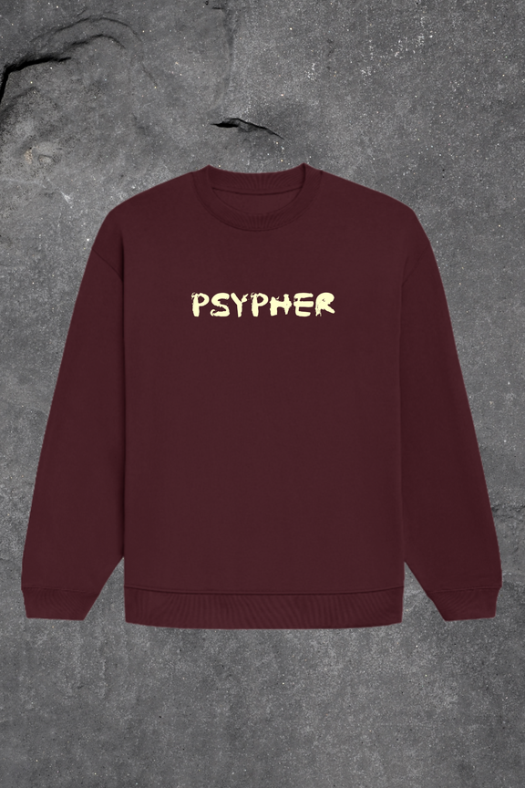 Maroon sweatshirt with 'PSYPHER' text on a gray textured background