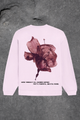 Baby  pink sweatshirt with a floral design and text on the back against a gray background