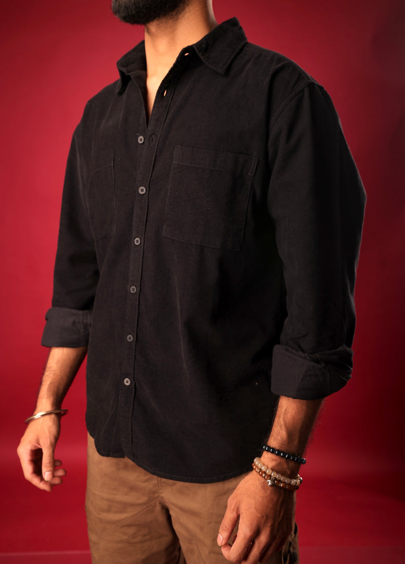Close-up of fabric and collar – black corduroy shirt streetwear style India