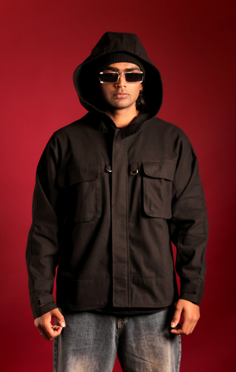 Close-up collar and stitching on Psypher black denim jacket