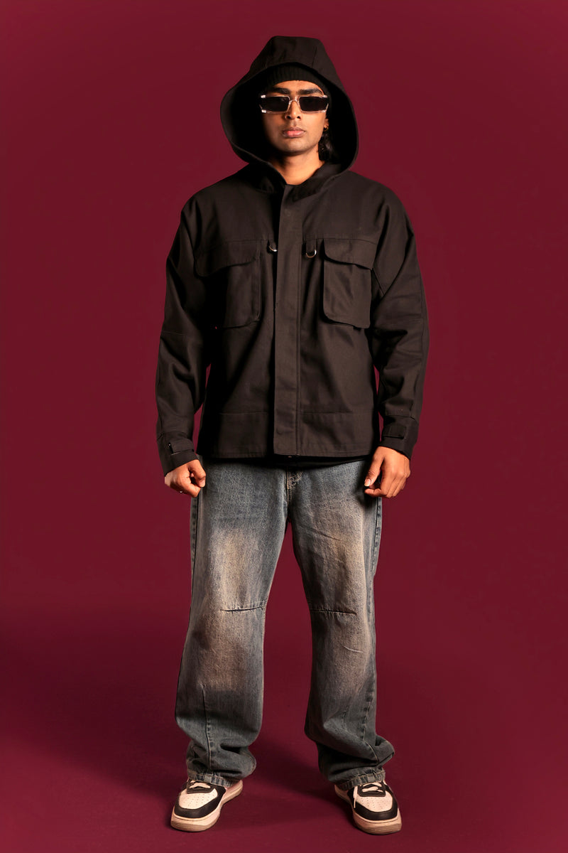 Model wearing black oversized streetwear denim jacket by Psypher India