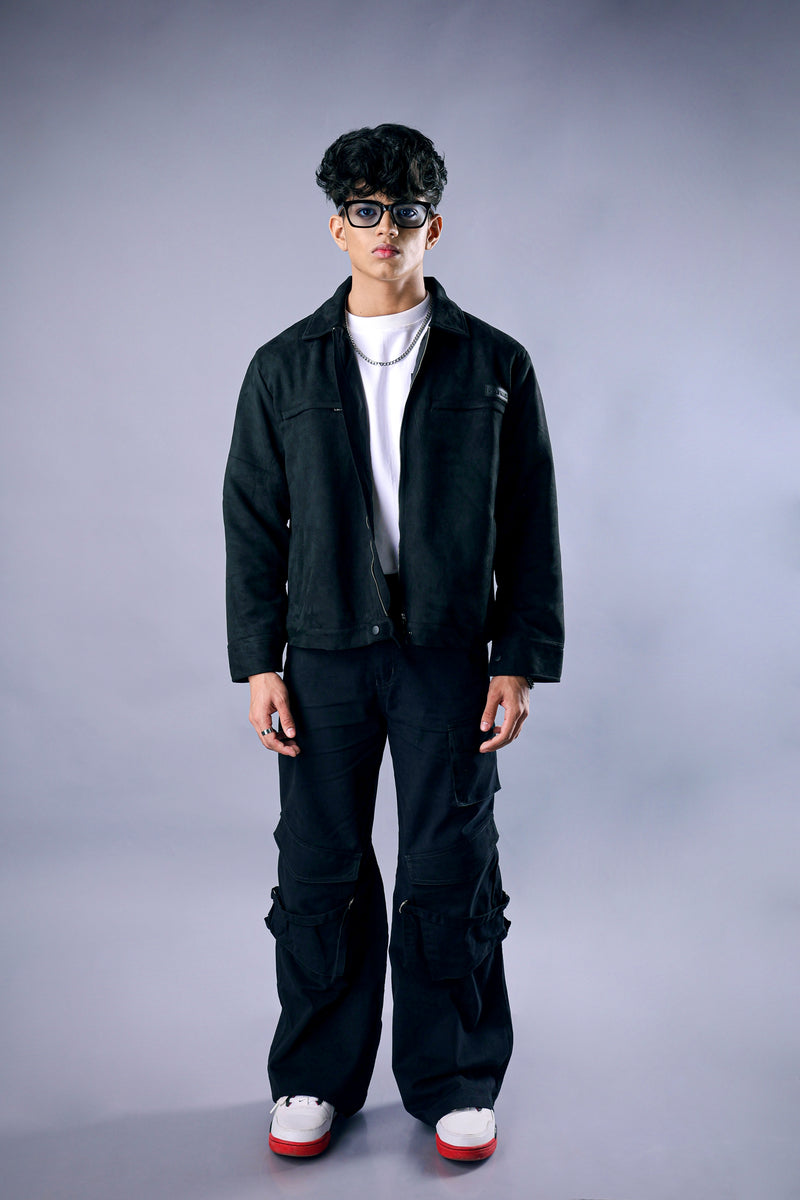 Back view of oversized black suede jacket – Psypher streetwear India