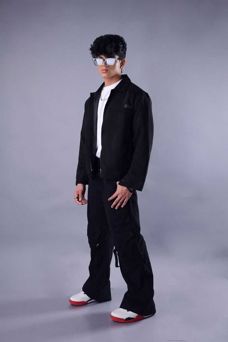 Model wearing black suede streetwear jacket by Psypher India – front view