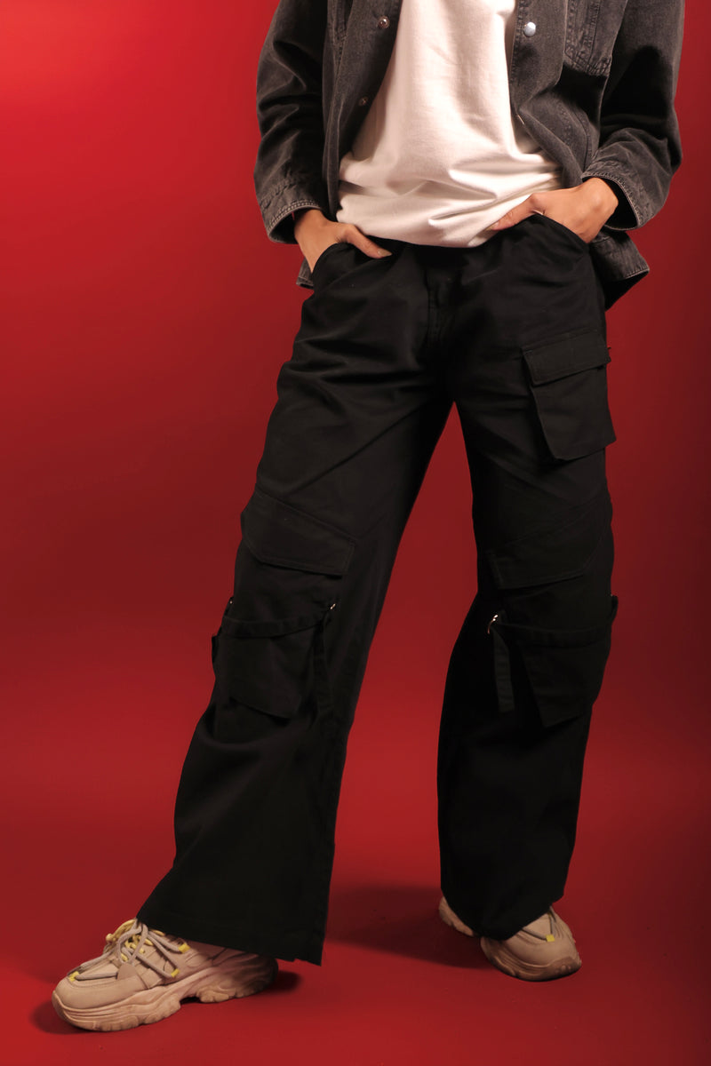 Styled black wide leg streetwear cargo pants for urban fashion India