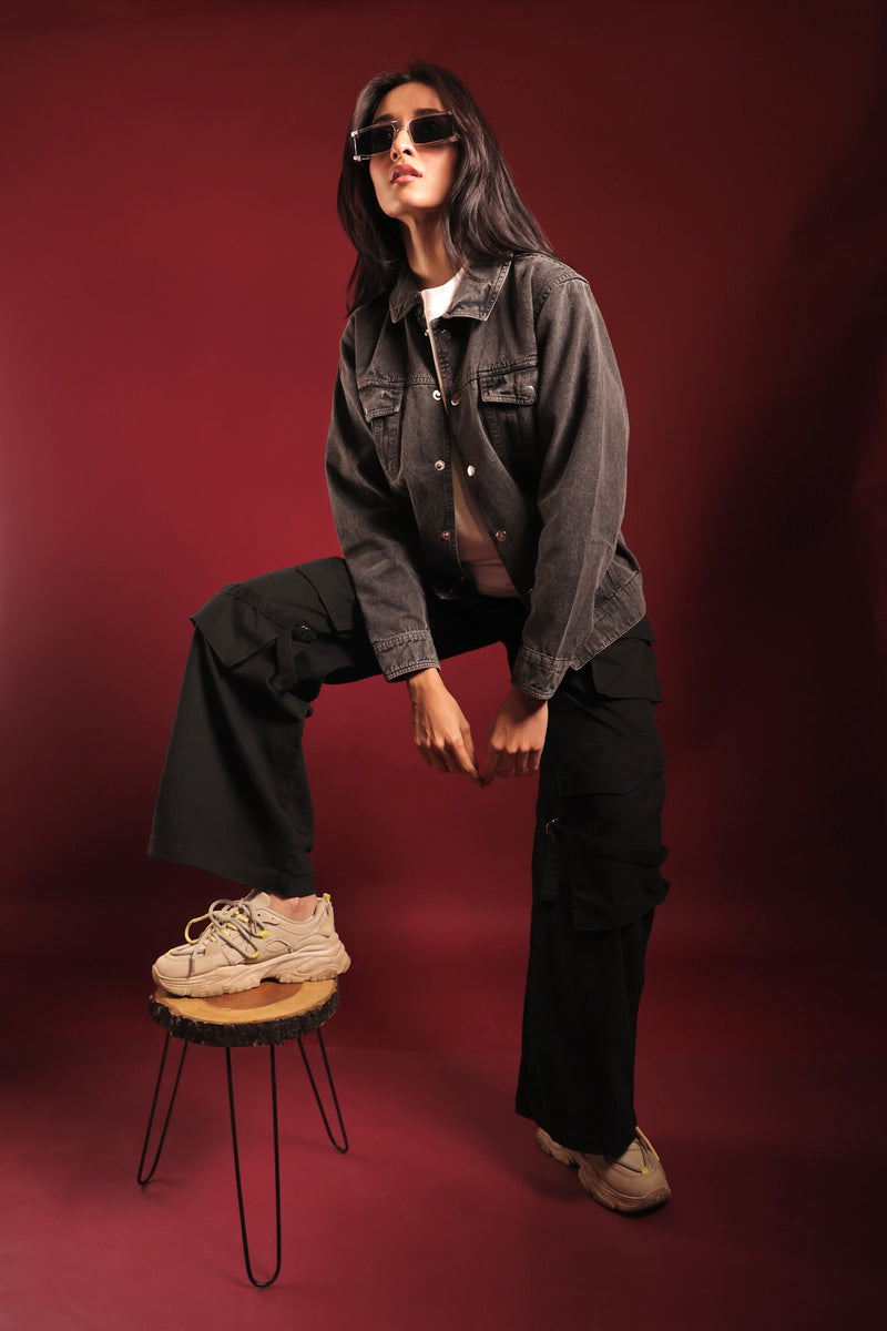 Model reppin grey denim streetwear jacket by Psypher India