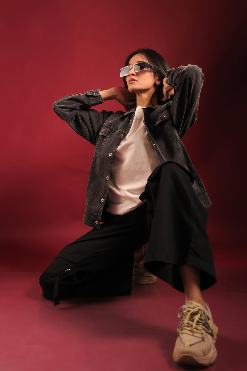 Styled shot with Psypher grey denim streetwear jacket