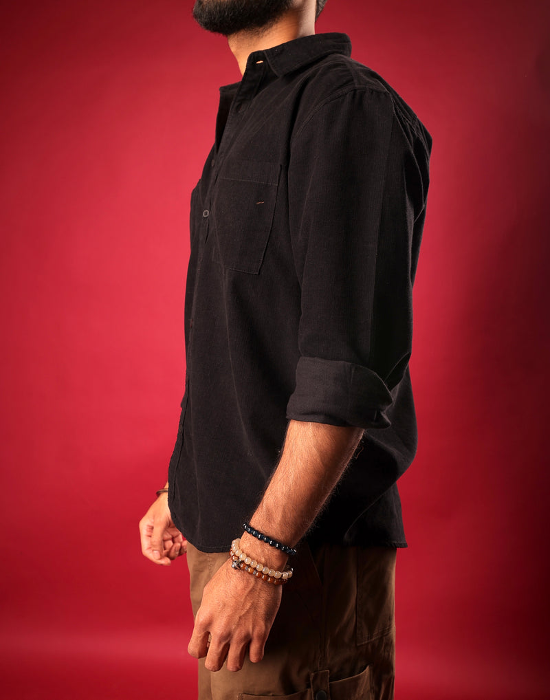 Side view of Psypher black corduroy shirt for Indian streetwear looks