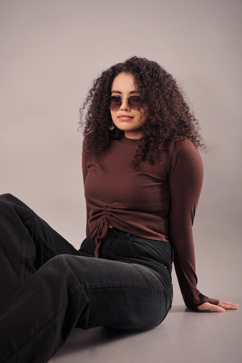 Model wearing brown cropped streetwear top for women by Psypher India