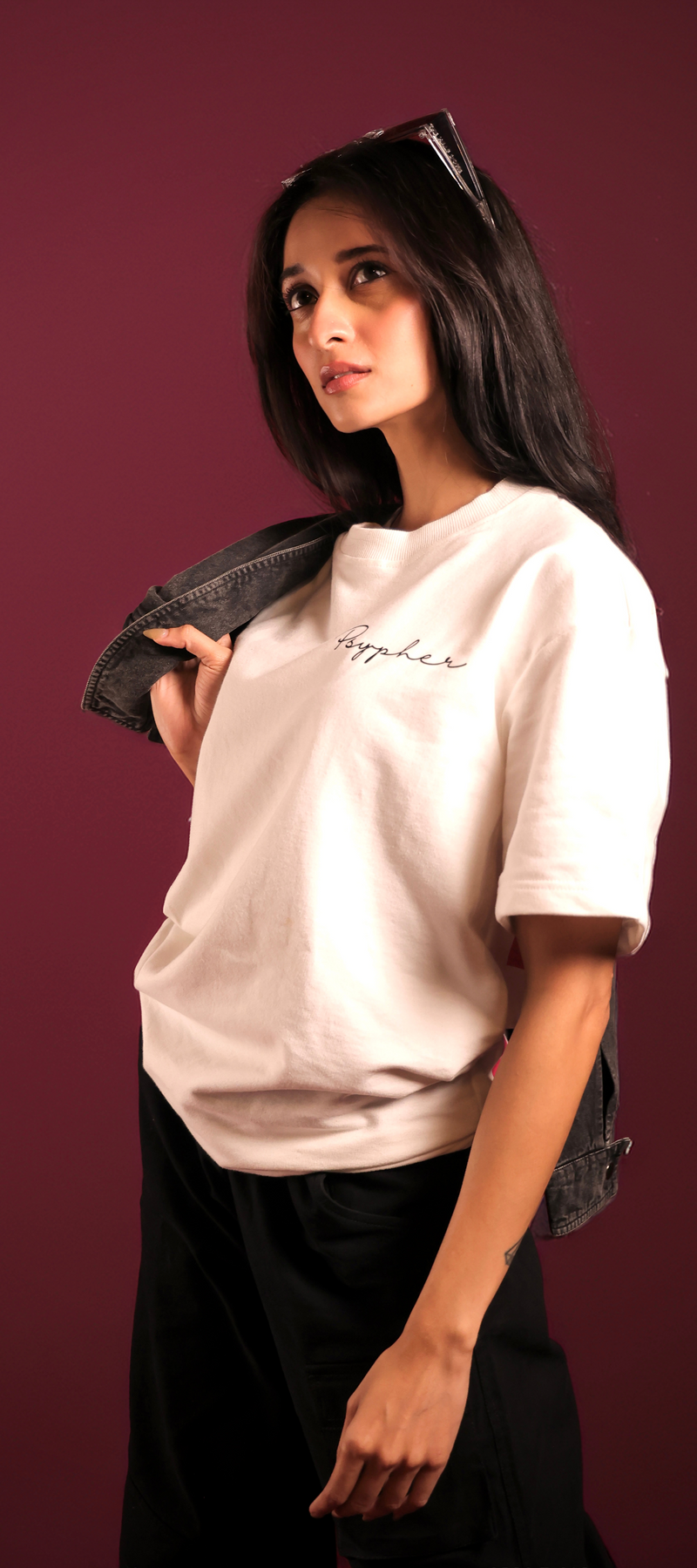 Close-up of white oversized t-shirt India