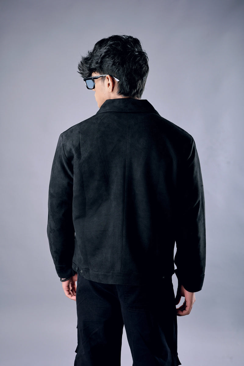 Close-up of suede fabric and back side – black streetwear jacket India