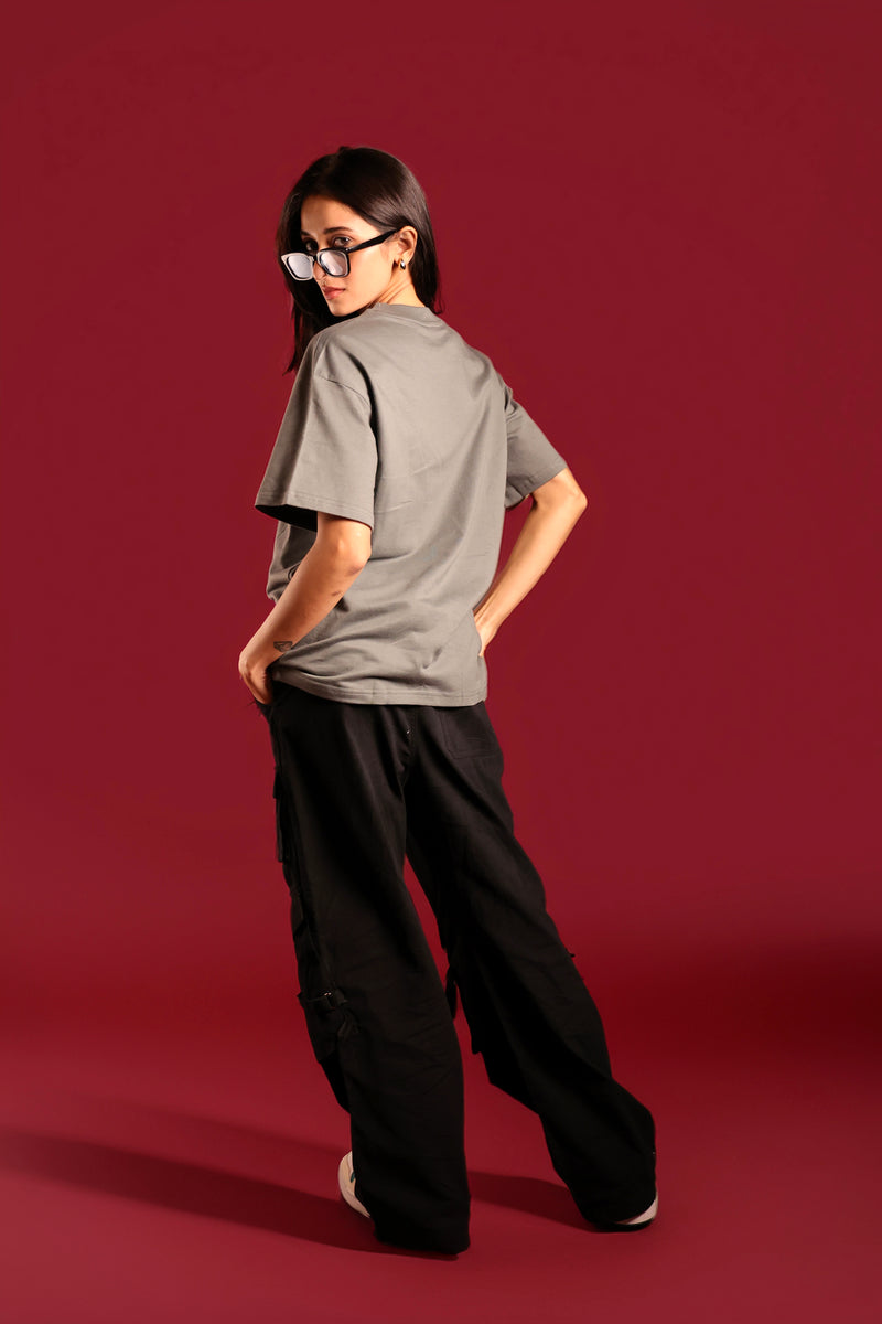 Back view of Psypher steel grey oversized tee streetwear fit India