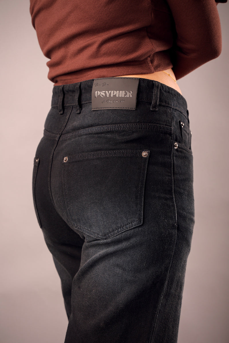 Close-up of waistband and straight-leg fit – Psypher black jeans India