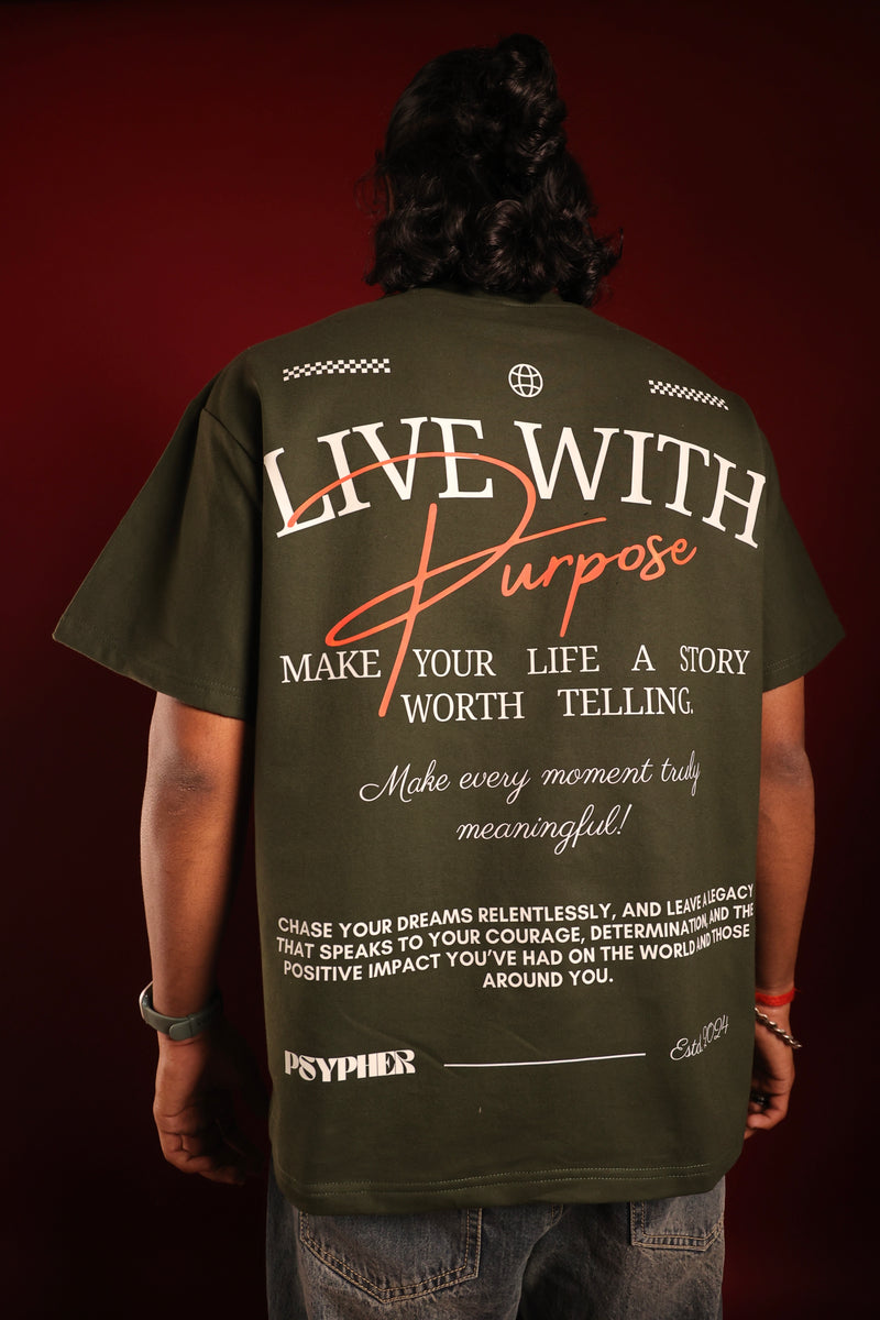 Model wearing olive green motivational streetwear t-shirt – Psypher India