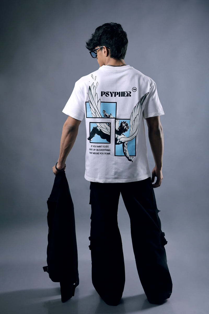 Model wearing white oversized motivational streetwear t-shirt by Psypher India
