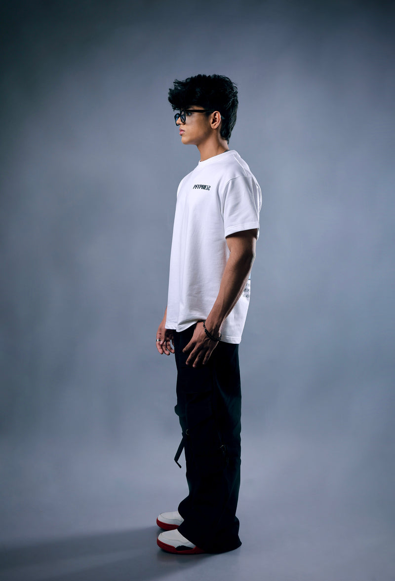Model wearing white oversized motivational streetwear t-shirt by Psypher